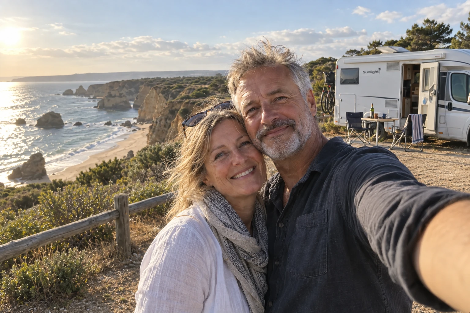 Ehepaar Ende 50 an der portugiesischen Küste vor einem Wohnmobil